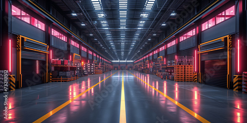 Neon-Lit Modern Warehouse with Reflective Flooring