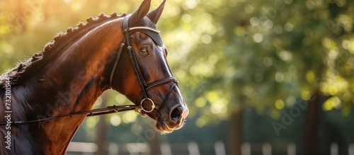 A liver-colored sorrel horse with a bridle, displaying its mane, working as a pack animal and grazing on grass. photo