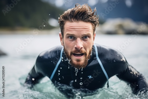Close-up of a mans face wearing a wetsuit and floating peacefully on the calm river surface © kaa_bregel