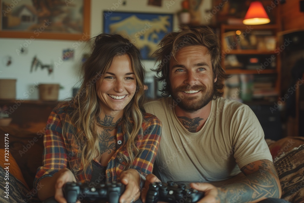 A smiling man and woman sit together indoors, surrounded by furniture and a wall, as they enjoy playing video games and their human faces light up with joy