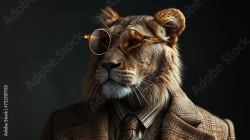 Fashion lion in shades, Cool looking lion wearing funky fashion dress - jacket, tie, sunglasses, plain colour background, stylish animal posing as supermodel. Generative AI image © tanayoch
