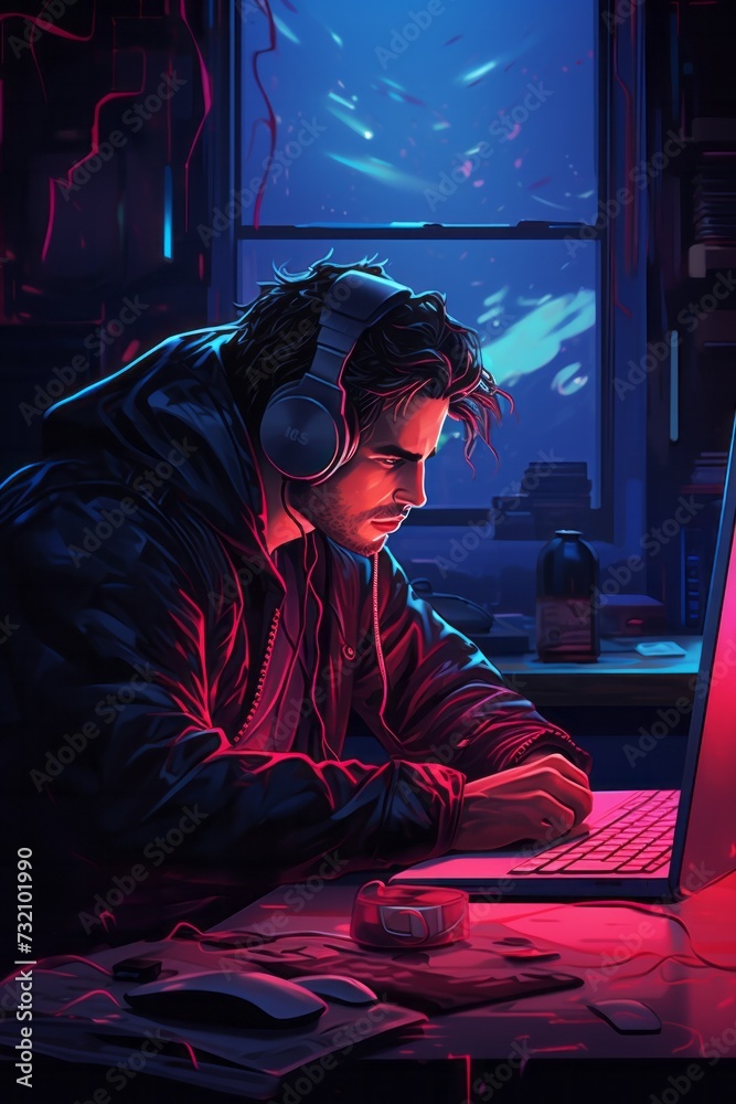 Man Wearing Headphones Sitting in Front of Laptop Computer Man Wearing Headphones Sitting in Front of Laptop Computer