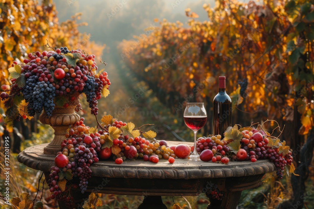 A bountiful autumn harvest adorns the outdoor table, as a tree's colorful leaves provide a backdrop for a cornucopia of grapes, a glass of wine, and a bouquet of flowers in the garden