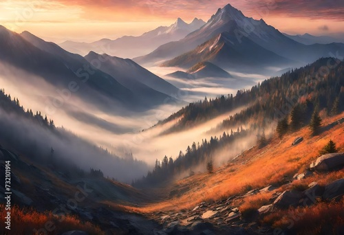 A sunrise over a misty mountain range