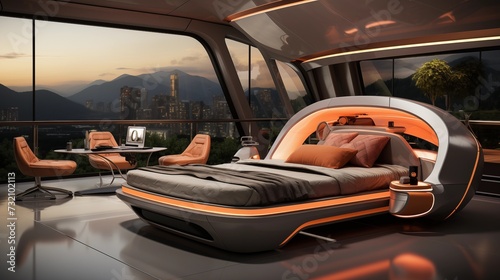Futuristic bedroom with sleek lines, LED lighting, and a high-tech sofa bed.