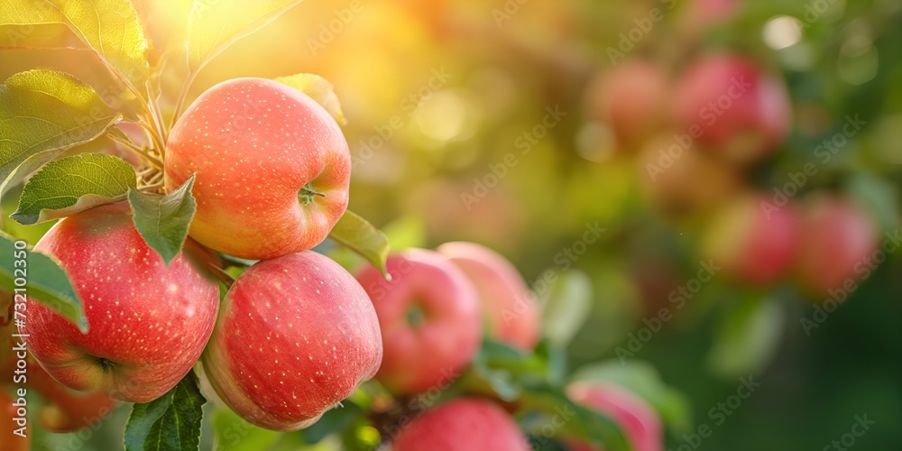 Ripe red apples on apple tree branches in orchard on sunny day