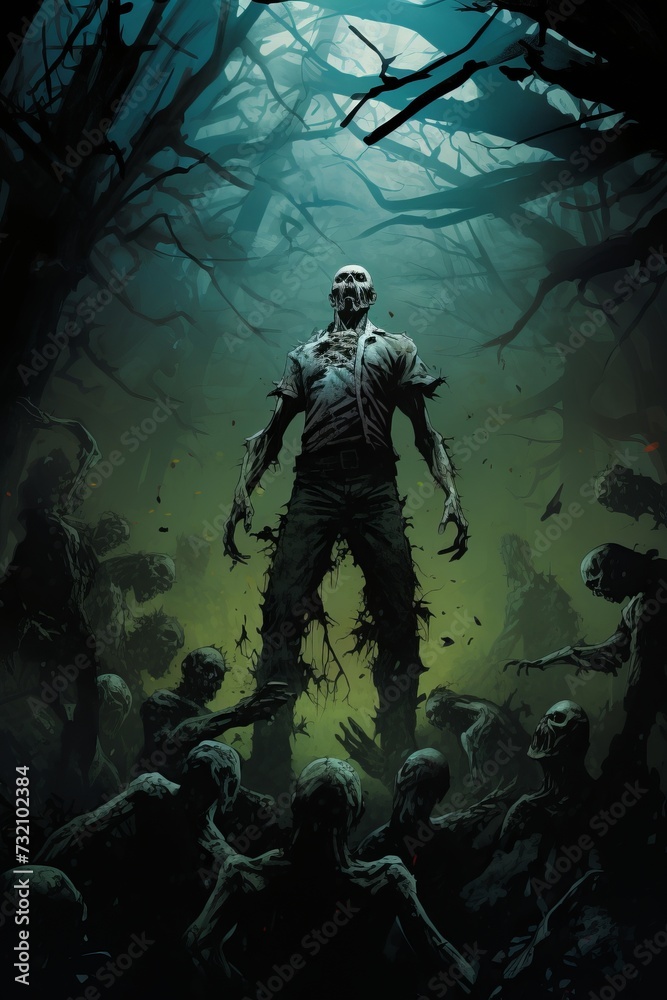 Fototapeta premium Zombie Poster Stands Amidst Forest