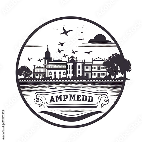 Stamp of Ahmedabad City With Monochrome Mustard Color Sabarmati Ashra Transparent PNG City Concept Art Tshirt Design Illustration Label Diverse City Castle Large Urban Market Project Collage  photo