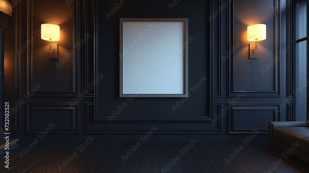 A chic TV hall with a monochromatic theme, showcasing an empty canvas frame against a matte black wall, illuminated by the focused light of adjustable wall sconces.