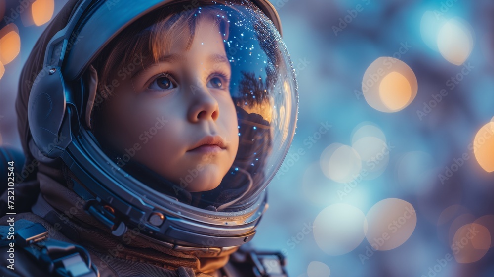 Young Child in Astronaut Helmet Gazing Upward at Twilight Young Child in Astronaut Helmet Gazing Upward at Twilight