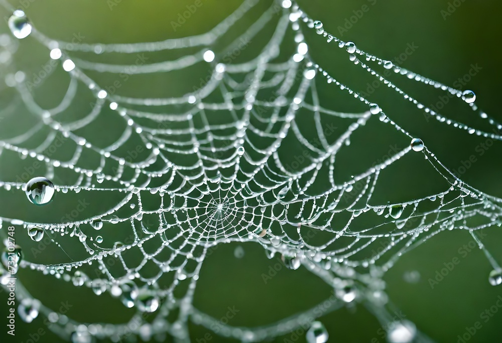 A close-up of dewdrops on intricate spiderwebs