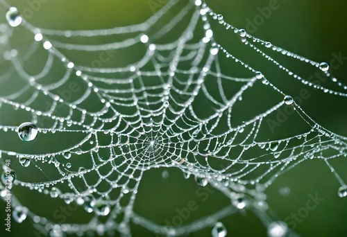 A close-up of dewdrops on intricate spiderwebs