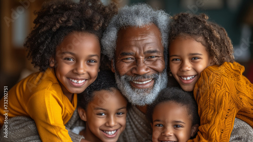Happy Grandfather Embracing Grandchildren Indoors