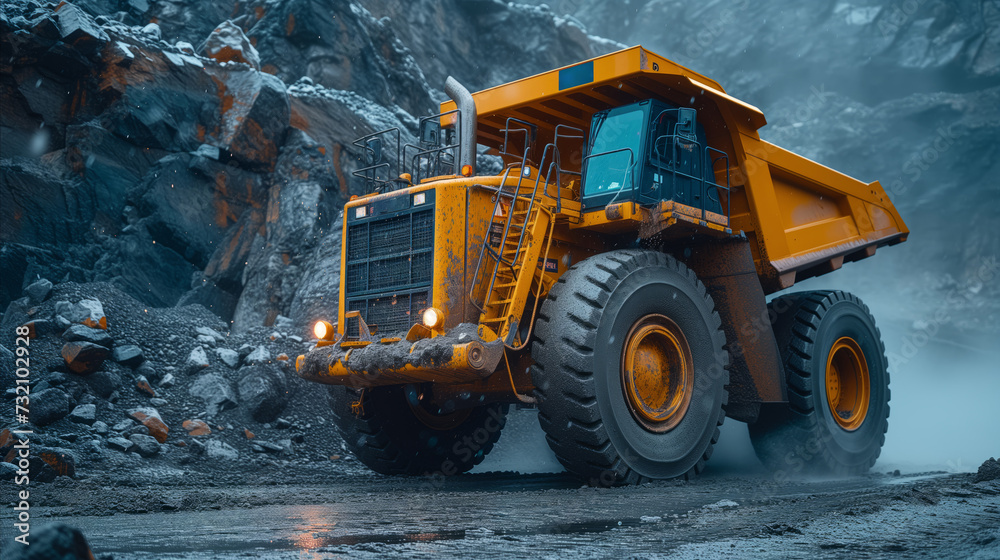 Large Yellow Dump Truck Driving Through Rocky Area Large Yellow Dump Truck Driving Through Rocky Area