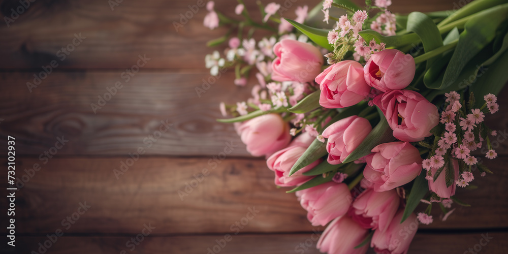 Blumenstrauß zum Muttertag liegt auf hölzernem Untergrund