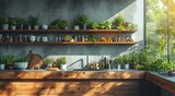 A cozy kitchen brimming with lush greenery, from potted houseplants and delicate flowers in vases to hanging pots on the walls and windowsills, creating an indoor oasis that blends seamlessly with th