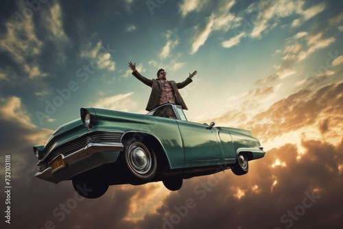Man Standing on Top of Green Car