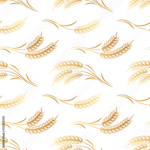 Seamless pattern, bouquets of spikelets of wheat, rye, barley, golden ears on a white background. Background, print, textile, vector