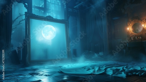 A mystical bedroom with an empty canvas frame  bathed in the soft glow of moonlight  and surrounded by ethereal mist.
