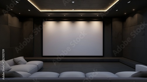 A spacious TV hall with a large, empty plain canvas frame on a sleek, dark wall, illuminated by recessed ceiling lights creating a soft, inviting ambiance.