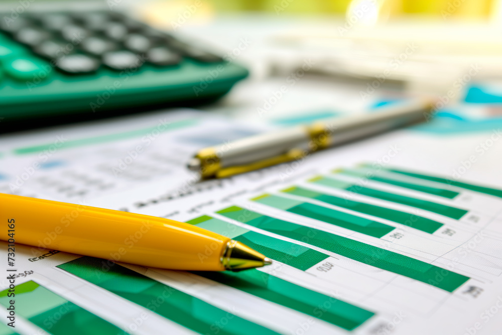Workplace of bookkeeper with calculator and papers on desk office. Financial data analyzing and accounting concept Workplace of bookkeeper with calculator and papers on desk office. Financial data analyzing and accounting concept