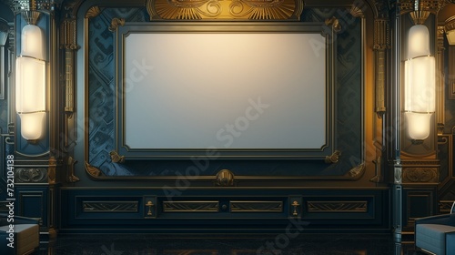 An art deco-inspired TV hall featuring an empty canvas frame on a wall with lavish gold accents, lit by the glamorous light of art deco style lamps. photo