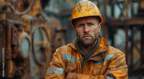 A blue-collar worker stands proudly on the street, his face determined as he wears his orange hard hat and jacket, ready to tackle the challenges of building with his trusty yellow helmet
