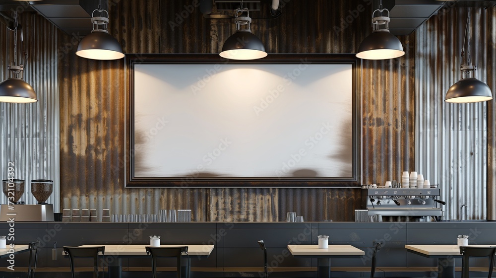An industrial-themed coffee shop, featuring a large empty canvas frame on a distressed metal wall, lit by sleek, hanging pendant lights. An industrial-themed coffee shop, featuring a large empty canvas frame on a distressed metal wall, lit by sleek, hanging pendant lights.