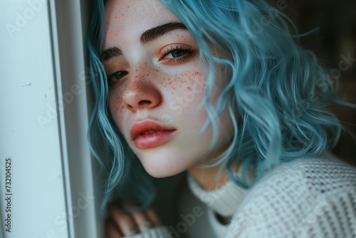 Young Woman with Blue Hair and Freckles Leaning Against Wall  Gamer Girl