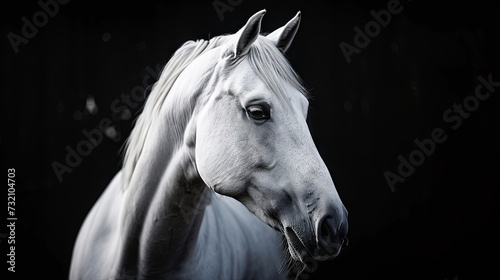 Beautiful white horse close up on black background
