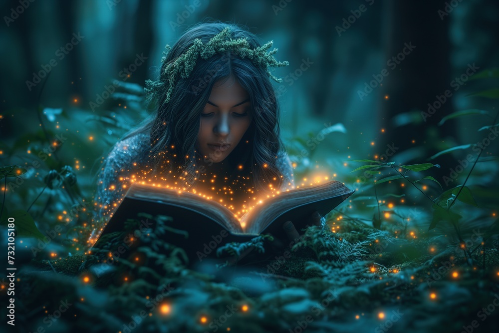 Obraz premium Girl Reading Magical Book in the Forest with Yellow Fairy Dust