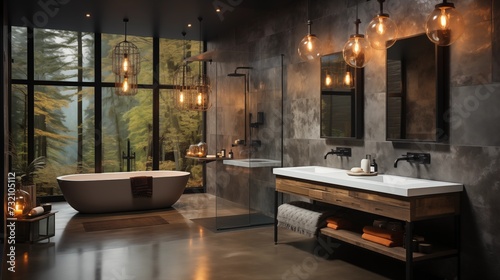 Industrial-chic bathroom with concrete walls  metal fixtures  and Edison bulb lighting.