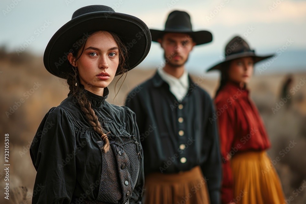 Portrayal of Amish people, traditional lifestyle, close bonds of community, rural simplicity, values of cultural richness, traditions of close-knit family friendly living group. village Country life.