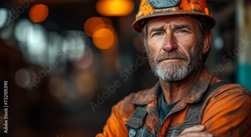 A rugged man with a stylish orange jacket and hard hat exudes confidence and determination on the bustling city streets, his facial hair adding to his rugged charm © familymedia