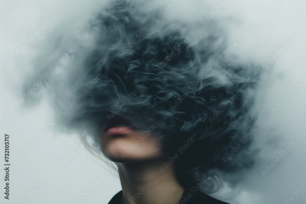 Woman's Head Enveloped in Black Smoke: Mental Health Awareness