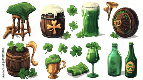 Illustration with green beer, clover and barrels
