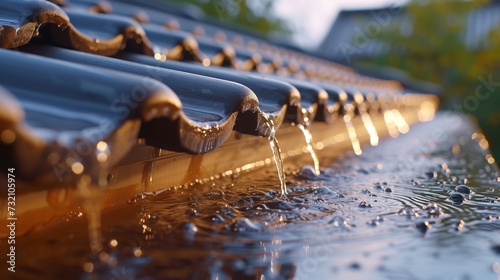 Close-up of shiny rainwater gutter, blurred roof tiles behind photo