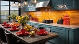 Kitchen with Bold Pops of Color and Textured Tiles