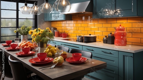 Kitchen with Bold Pops of Color and Textured Tiles © Aeman