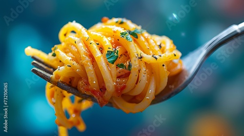 Twisted spaghetti on fork, vibrant blue scene