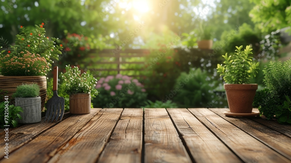 Sun-kissed wooden planks with fresh garden tools and plants