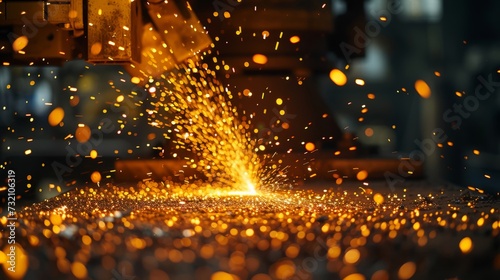 Sparks flying from metal cutting, dark workshop scene photo