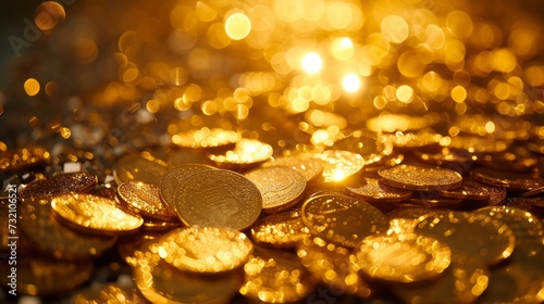 Sparkling gold coins spread out, glowing treasure hoard