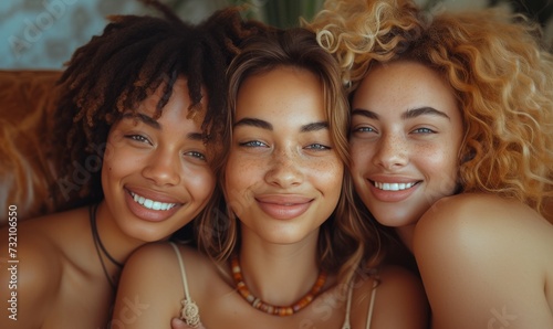 A joyful group of young women showcase their friendship and confidence as they pose for a selfie, their beaming smiles and stylish clothing highlighted by their long brown hair and glimmering lip glo photo