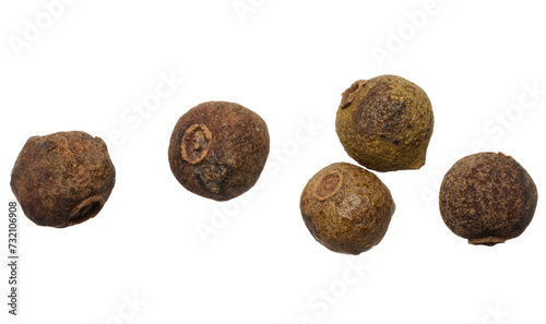 Dry allspice peas on isolated background, top view.