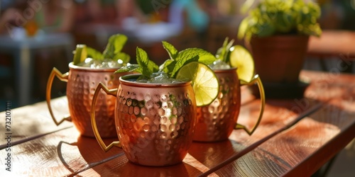 Three Moscow Mule cocktails in copper mugs, illuminated by sunlight, lined up on a wooden bar top, perfect for a summer drink promotion or bar menu 