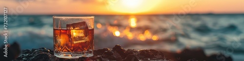 A banner with copy space and scenic view of a dark rum on the rocks, set against a stunning ocean sunset, ideal for a luxury brand advertisement or bar promotion 