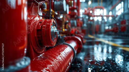 Glossy scarlet fire-fighting equipment, poised for action, soft industrial elements behind photo