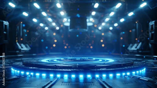 Advanced tech platform, circular stage with blue lights, digital chamber