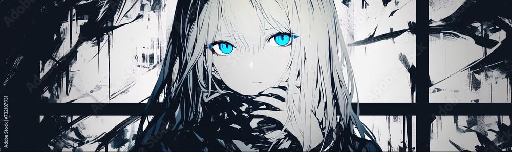 Obraz premium demon horror manga woman, anime artstyle, lofi, widescreen, wallpaper, background, black and white, neon colours